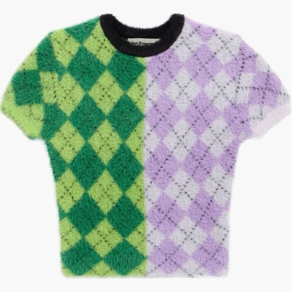 Cotton Emporium Kids Fuzzy Argyle Green and Purple Crewneck Sweater